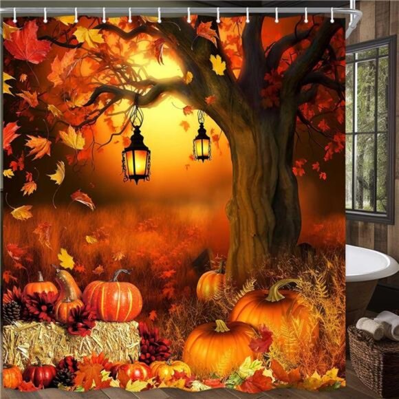 New Fall Harvest Pumpkin Shower Curtain w/Autumn Leaves -69x70" Farmhouse Decor - Picture 1 of 7